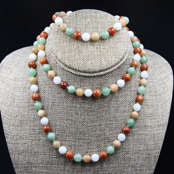 14k Natural Multicolor Jadeite Necklace and Bracelet - Picture 1 of 7